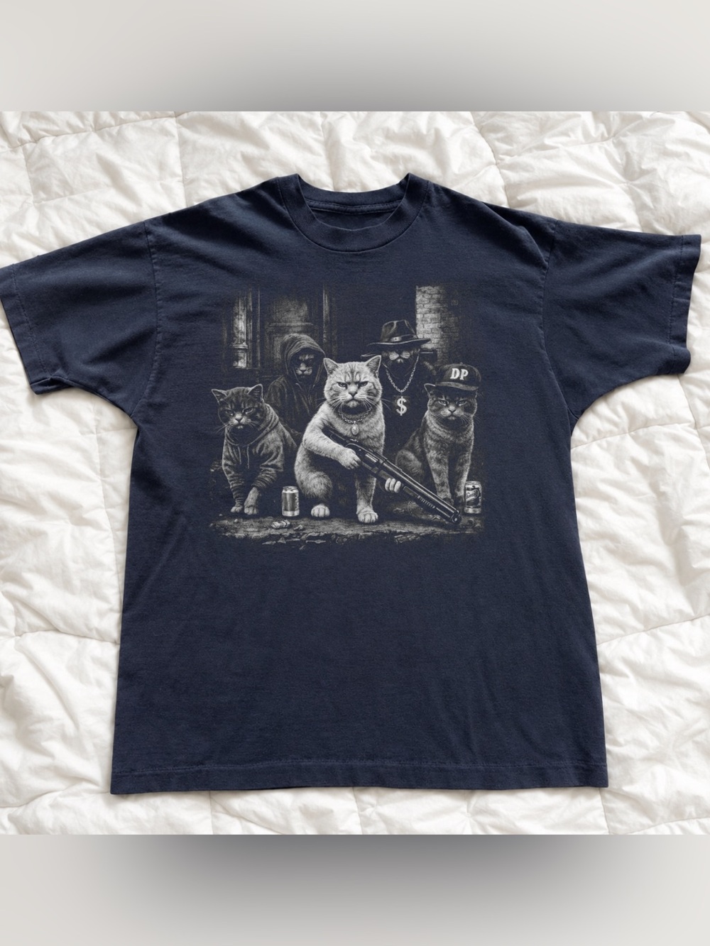 Retro Crazy Cat Gang Graphic T-Shirt in Black